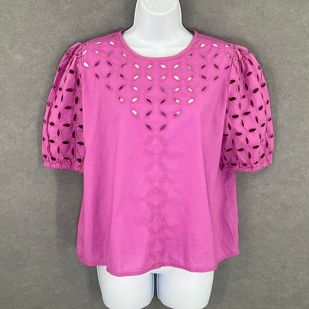 Loft‎ Top Womens S Purple Eyelet Puff Sleeve Feminine Blouse Elegant Embroidered